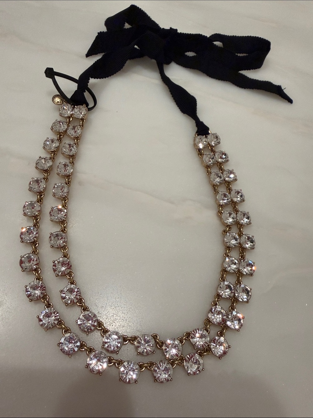 JCrew Clear Crystal/CZ like Double Strand Ribbon Necklace antique gold setting.